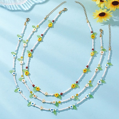 Ожерелье ручной работы из стекла миллефиори и бисера с ограненными круглыми натуральными камнями и цветочными мотивами для женщин., золотые