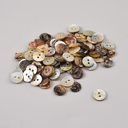 2-Hole Natural Akoya Shell Buttons, Flat Round