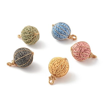 Pendentifs en pierre de lave naturelle non cirée, avec du vrai fil de cuivre écologique plaqué or 18k, ronde