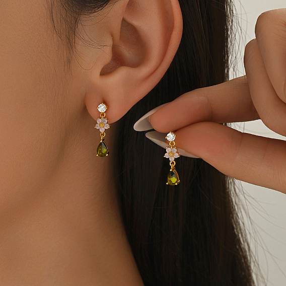 Латунные серьги-гвоздики в форме каплевидных подвесок, со стразами