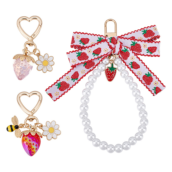 3 шт. подвеска в виде клубники из акрила, эмали и стеклянного жемчуга, с поворотными застежками сплава