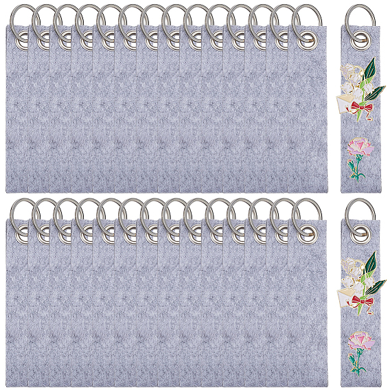 30Pcs Non-Woven Fabric Keychains, Rectangle, with Alloy Split Key Ring, Platinum