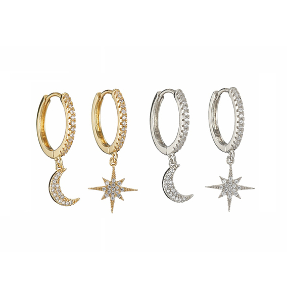 Clear Cubic Zirconia Star & Moon Asymmetrical Earrings, Brass Dangle Hoop Earrings for Women