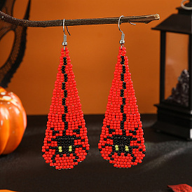 Spider Pattern Glass Bead Tassel Dangle Earrings for Women, Halloween Style, Platinum