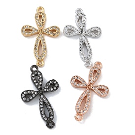 Rack Plating Brass Micro Pave Clear Cubic Zirconia Flower Connector Charms, Long-Lasting Plated, Cadmium Free & Lead Free