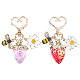 2Pcs 2 Colors Resin & Enamel Strawberry with Flower Keychains, with Alloy Swivel Clasps, for Car Key Bag Accessories, Light Gold