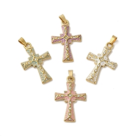 Brass Micro Pave Cubic Zirconia Pendants, with Enamel, Real 18K Gold Plated, Corss