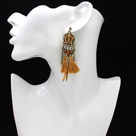 Bohemian Sunflower Beaded Bronze Totem Tassel Diamond Pendant Earrings