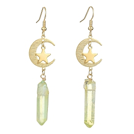 Electroplated Natural Quartz Crystal Dangle Earrings, with Brass Link Connectors and 304 Stainless Steel Charms, Moon/Star