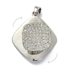 Brass Micro Pave Clear Cubic Zirconia Pendants, Rotatable, Rhombus