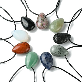 Natural & Synthetic Gemstone Pendant Necklaces, with Wax Cord, Teardrop