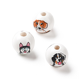 Printed Wood European Beads, Large Hole Beads, Round with Bernese Mountain Dog/Siberian Husky Dog/Beagle Dog Pattern