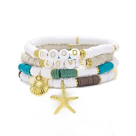 4Pcs 4 Style Handmade Polymer Clay Heishi Surfer Stretch Bracelets Set with Alloy Shell Starfish Charm, Word Good Love Preppy Bracelet Women