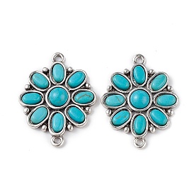 Synthetic Turquoise Connector Charms, with Alloy Findings, Flower Links