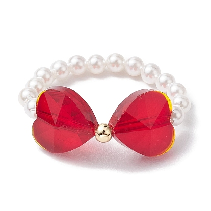 Anillos de dedo con cuentas de perlas de concha y vidrio transparente con lazo en forma de corazón
