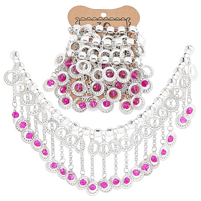 Ethnic Style Tassel Chain, Iron Link Chains with Flat Round & Glass Charms, Unwelded, Silver