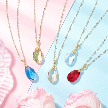 Стеклянный граненый кулон-слеза латунный кабель подвеска ожерелья для женщин, золотые