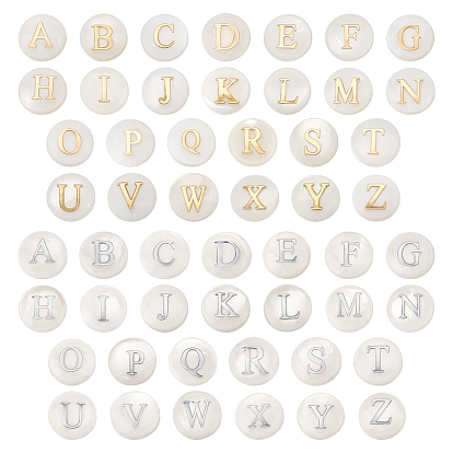 Естественных пресноводных стеклянные бусы, с металлическими элементами из травленой латуни, горизонтальное отверстие, плоско-круглые с алфавитами , цвет морской раковины