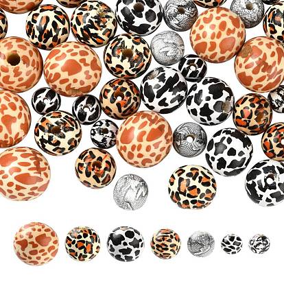 70Pcs 7 Style Printed Natural Wooden Beads, Round