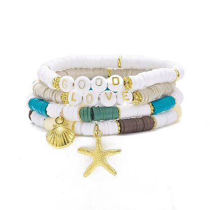 4Pcs 4 Style Handmade Polymer Clay Heishi Surfer Stretch Bracelets Set with Alloy Shell Starfish Charm, Word Good Love Preppy Bracelet Women