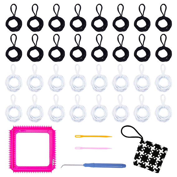 1 Machine à tresser les cordons élastiques en plastique carrés, métier à tricoter, avec un crochet en plastique et 2 aiguilles à laine, 100 pièces 2 couleurs cordon élastique en polyester