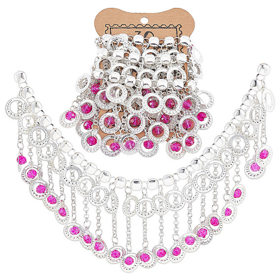 Ethnic Style Tassel Chain, Iron Link Chains with Flat Round & Glass Charms, Unwelded, Silver