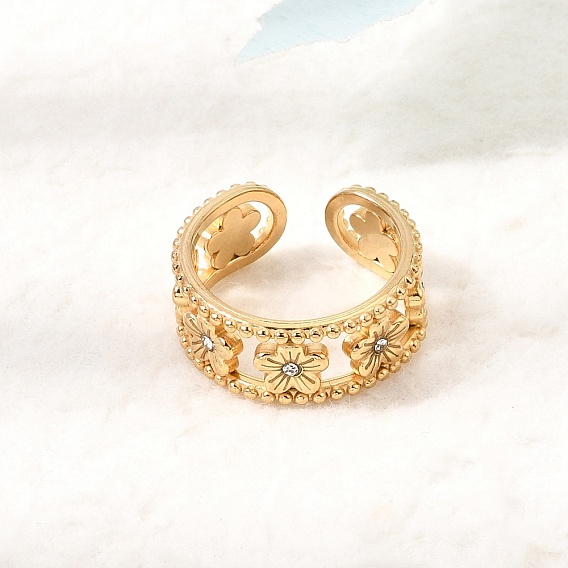 304 Stainless Steel Rhinestone Cuff Open Rings for Women, Flower, Ion Plating(IP)