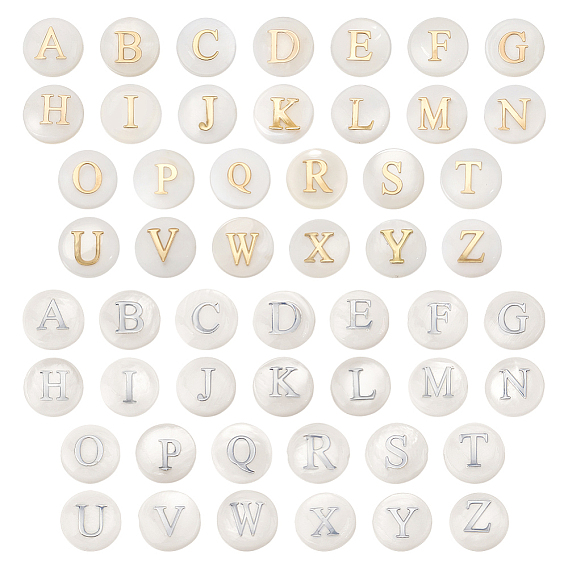 Естественных пресноводных стеклянные бусы, с металлическими элементами из травленой латуни, горизонтальное отверстие, плоско-круглые с алфавитами , цвет морской раковины