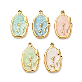 304 нержавеющей стальной эмали подвески, Прямоугольник с цветком, ионное покрытие (ip), реальный 18 k позолоченный