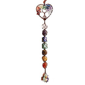 Chakra Theme Big Pendant Decorations, Hand Knitting with Natural Gemstone Beads and Stone Chips Tassel, Heart with Tree of Life