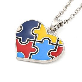 201 Stainless Steel Cable Chain Necklaces, Alloy Enamel Heart with Autism Puzzle Pattern Pendant Necklaces