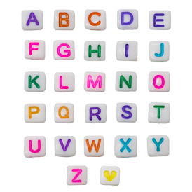 Perles acryliques opaques, blanc, cube avec alphabet, lettre a ~ z