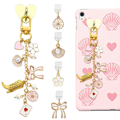 5 Support de téléphone portable en fer et bouchons anti-poussière en PVC pour téléphone portable, avec des pendentifs en alliage émaillé et acrylique et des chaînes en laiton