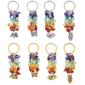 8шт. брелок с бусинами из натурального драгоценного камня чакра, с 304 фурнитурой из нержавеющей стали, бабочка/сова/слон с дурным глазом