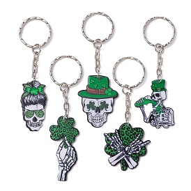 Saint Patrick's Day Printed Acrylic Pendants Keychain, with Iron Split Key Rings, Skull