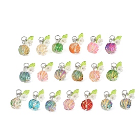 Glas-Anhänger, gedrehter runder Anhänger mit Blättern und Blüten, mit Platin-Eisenschlaufe und Acryl- und Kunststoffanhänger