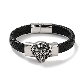 Men's Braided Black PU Leather Cord Bracelets, Lion 304 Stainless Steel Link Bracelets with Magnetic Clasps