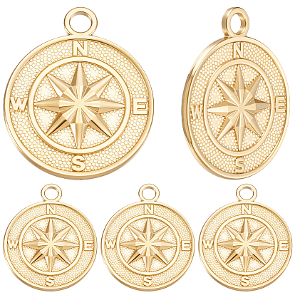 6 pcs 304 pendentifs en acier inoxydable, plat rond avec boussole