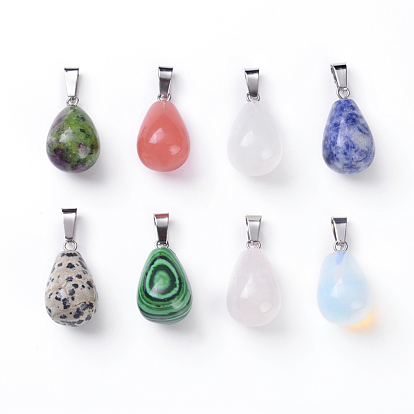Natural & Synthetic Mixed Gemstone Pendants, with Platinum Tone Brass Findings, Teardrop