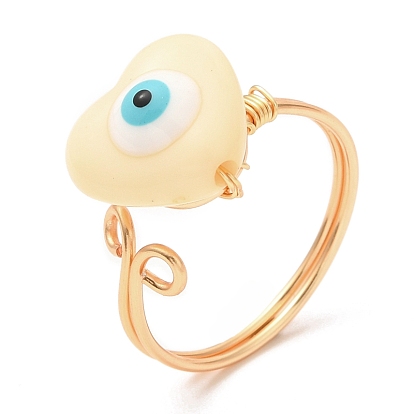 Resin Heart with Eye Open Cuff Rings, Golden Brass Wire Wrap Jewelry for Women