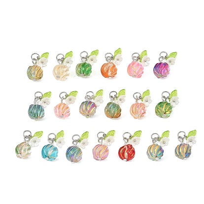 Glas-Anhänger, gedrehter runder Anhänger mit Blättern und Blüten, mit Platin-Eisenschlaufe und Acryl- und Kunststoffanhänger