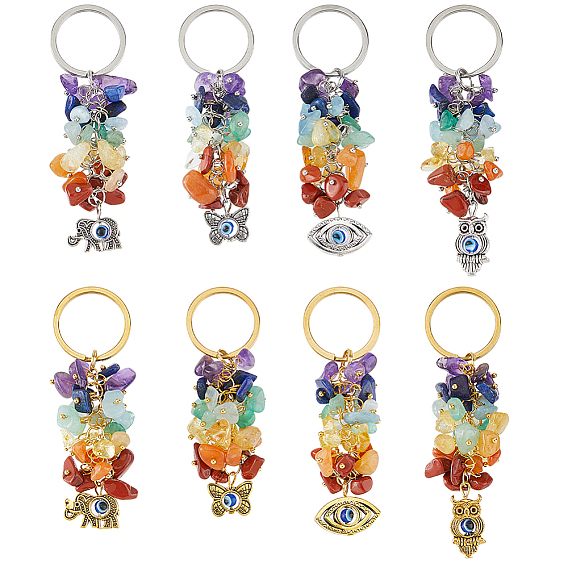 8шт. брелок с бусинами из натурального драгоценного камня чакра, с 304 фурнитурой из нержавеющей стали, бабочка/сова/слон с дурным глазом