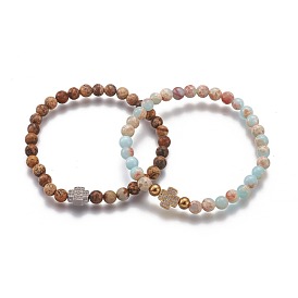Natural Mixed Gemstone Round Beaded Stretch Bracelets, with Brass Rhinestone Beads and 304 Stainless Steel Beads, Cross
