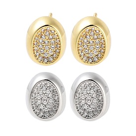 Rack Plating Oval Brass Stud Earrings, with Clear Cubic Zirconia, Cadmium Free & Lead Free, Long-Lasting Plated