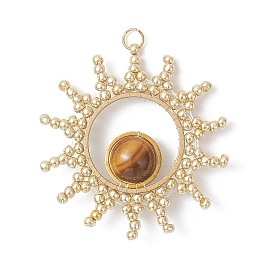 Круглый натуральный окрашенный тигровый глаз с подвесками в виде солнца из стеклянных бусин, с открытыми пружинными кольцами из нержавеющей стали 304, золотые