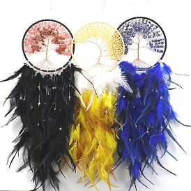 Natural & Synthetic Gemstone Tree of Life Hanging Ornaments, Woven Web/Net with Feather Pendant Decorations