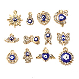 Alloy Enamel Rhinestone Glass Pendants, Golden, Evil Eye