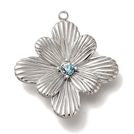 304 Stainless Steel Aquamarine Rhinestone Pendants, Flower