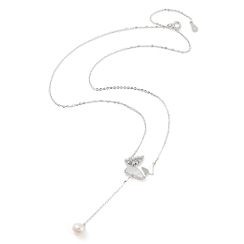 925 Sterling Silver with Shell Necklaces, Pearl with Butterfly Micro Pave Clear Cubic Zirconia Pendant Necklaces