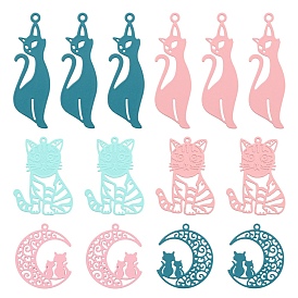 36Pcs 3 Style 430 Stainless Steel Kitten Pendants, Spray Painted, Etched Metal Embellishments, Mixed ShapesSilhouette Shape